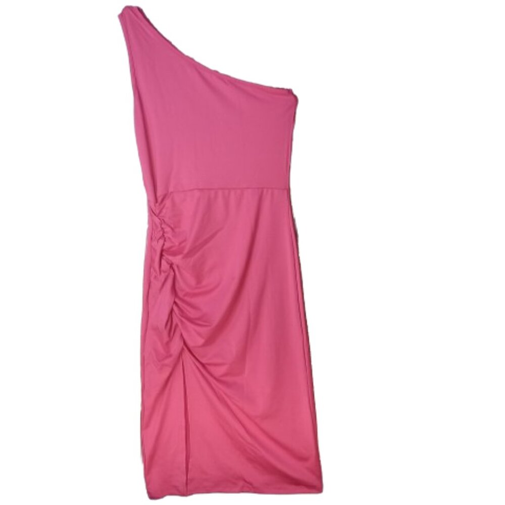 Pink One Shoulder Ruche Midi Dress Side Slit Size S NWOT